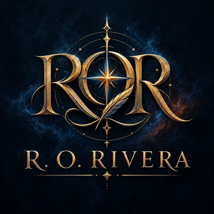 R. O. Rivera gold compass and quill author emblem