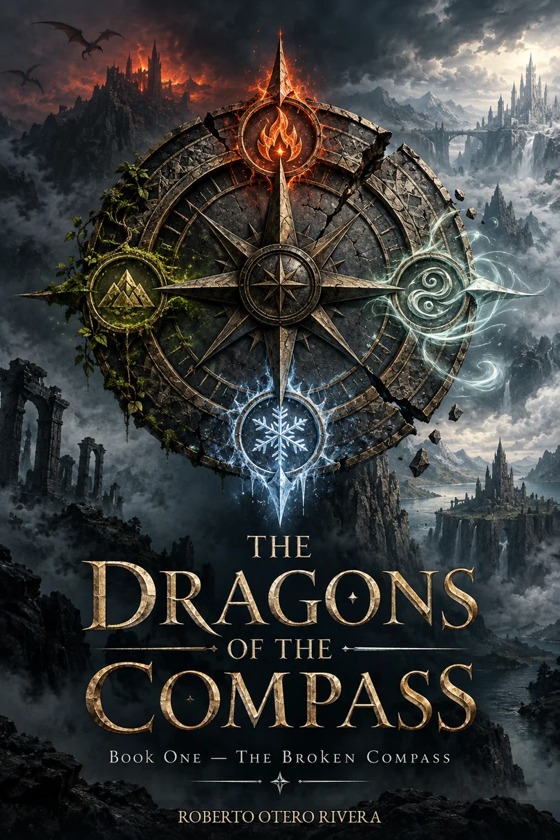 The Dragons of the Compass Book One: The Broken Compass. Cover depicts four elemental emblems in an ancient compass.