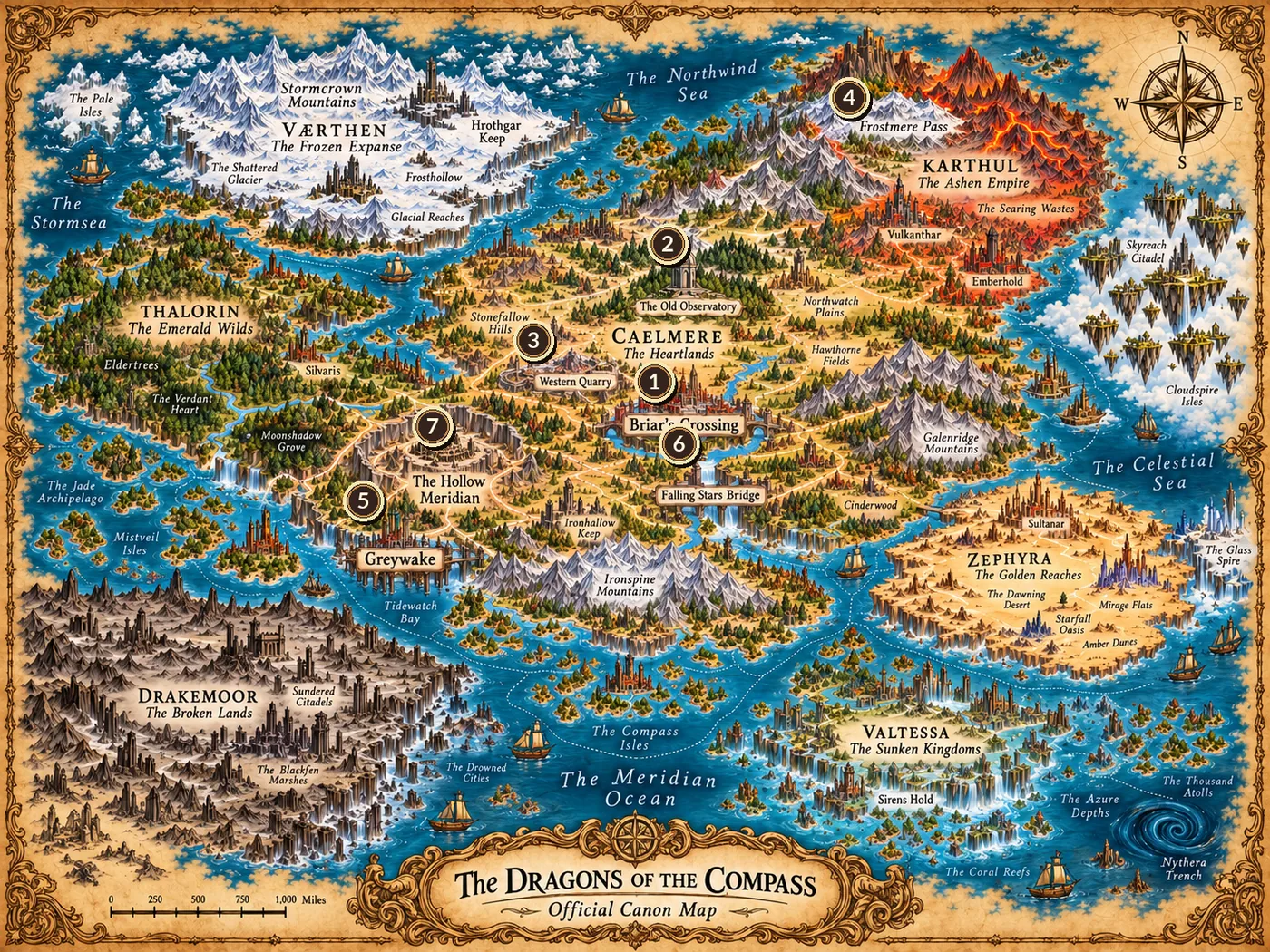Illustrated fantasy world map with seven numbered Book One destinations